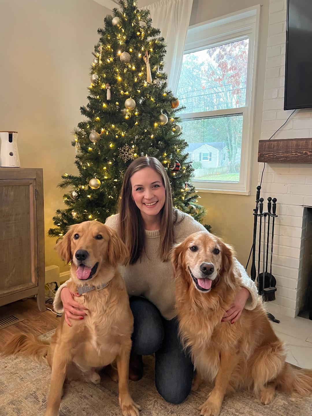 Woman squatting on the floor with two golden retrievers in front of a Christmas tree
